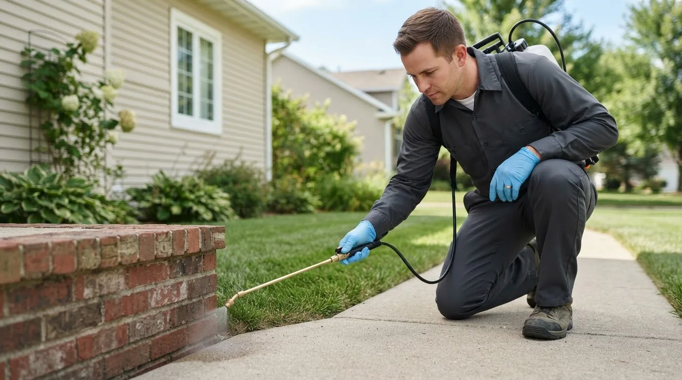 Pest control technician treating a home near North Star, OH
